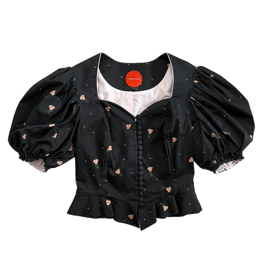 Marianna Senchina Cottagecore Floral Puff Sleeve Corset Blouse Black Large‎